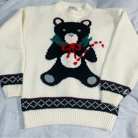 Vintage Knit Teddy Bear Ugly Sweater grandma-core granny cottage coastal Grandpa - Picture 1 of 5
